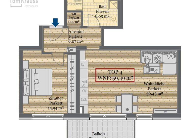 Wohnung zum Kauf - Erstbezug provisionsfrei 426.100 € 2 Zimmer 59,5 m² 1. Geschoss Wien 1220