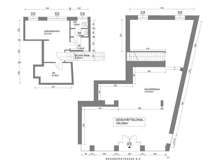 Laden zur Miete 19,08 € 1 Zimmer 119,7 m² Verkaufsfläche Brünner Straße 6-8 Wien 1210