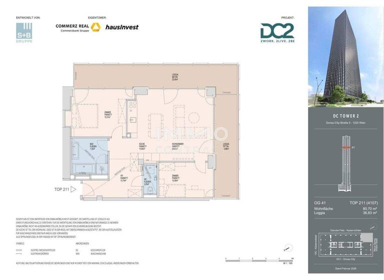Wohnung zur Miete - Erstbezug 2.665 € 3 Zimmer 80,7 m² 41. Geschoss frei ab 01.11.2026 Wien 1220