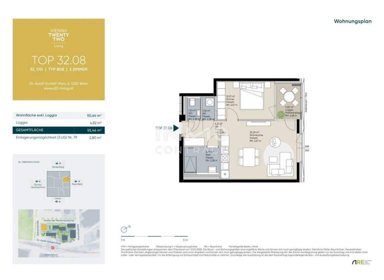 Wohnung zum Kauf - Erstbezug provisionsfrei 499.000 € 2 Zimmer 50,6 m² 32. Geschoss Wien 1220