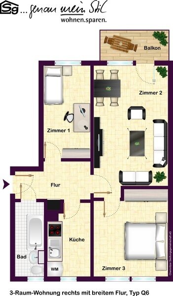 Wohnung zur Miete 348 € 3 Zimmer 58 m²<br/>Wohnfläche 3.<br/>Geschoss ab sofort<br/>Verfügbarkeit Steinwiese 6 Altendorf 921 Chemnitz 09116