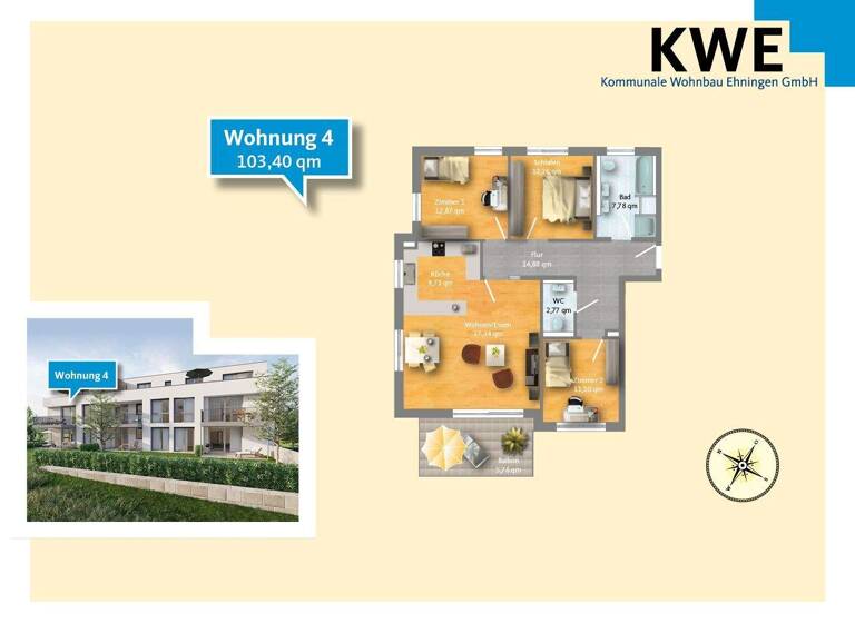Wohnung zum Kauf provisionsfrei 620.400 € 4 Zimmer 103,4 m² 1. Geschoss Rosnestraße 26 Hildrizhausen 71157