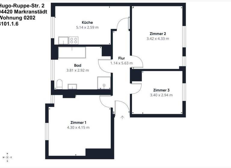 Wohnung zur Miete 561 € 3 Zimmer 70,1 m² 1. Geschoss Hugo-Ruppe-Straße 2 Markranstädt 04420