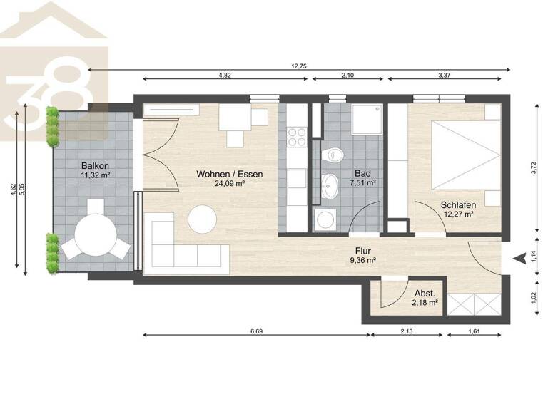Wohnung zum Kauf 299.000 € 2 Zimmer 61 m² 2. Geschoss Reislingen Wolfsburg 38446