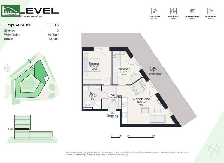 Wohnung zur Miete - Erstbezug 754 € 3 Zimmer 56,8 m² 6. Geschoss frei ab 01.05.2026 Kärntner Straße 1 Gries Graz 8020