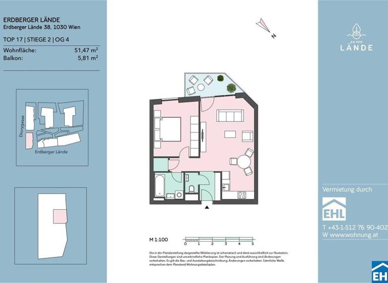 Wohnung zur Miete 926 € 2 Zimmer 51,5 m² 4. Geschoss frei ab sofort Erdberger Lände 38 Wien 1030