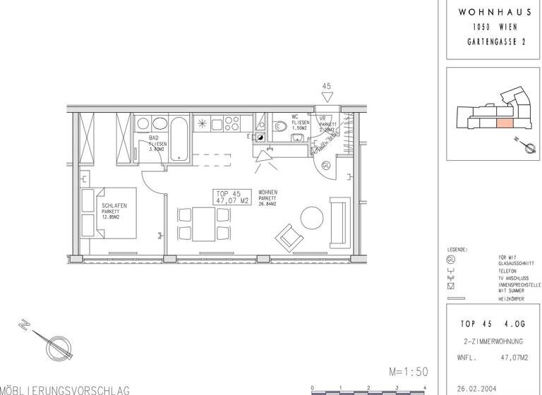 Wohnung zur Miete 784 € 2 Zimmer 47,1 m² 4. Geschoss Wien 1050