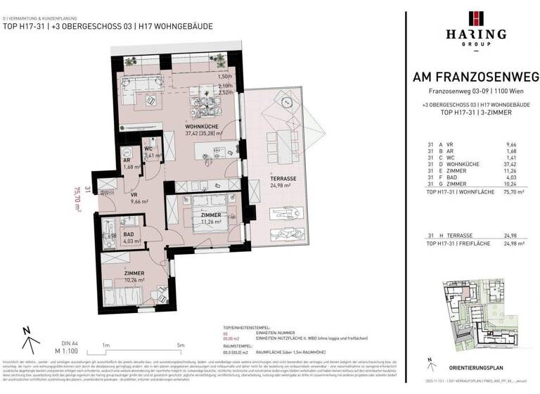 Wohnung zum Kauf - Erstbezug 553.500 € 3 Zimmer 75,7 m² 3. Geschoss Franzosenweg 3-5 Wien 1100