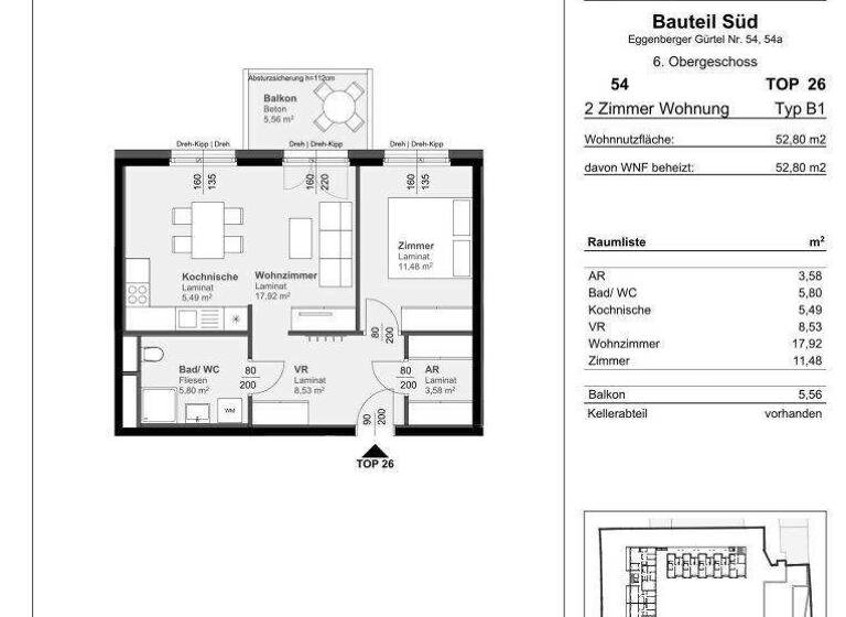 Wohnung zur Miete 391 € 2 Zimmer 52,8 m² 6. Geschoss Eggenberger Gürtel 54 Gries Graz 8020