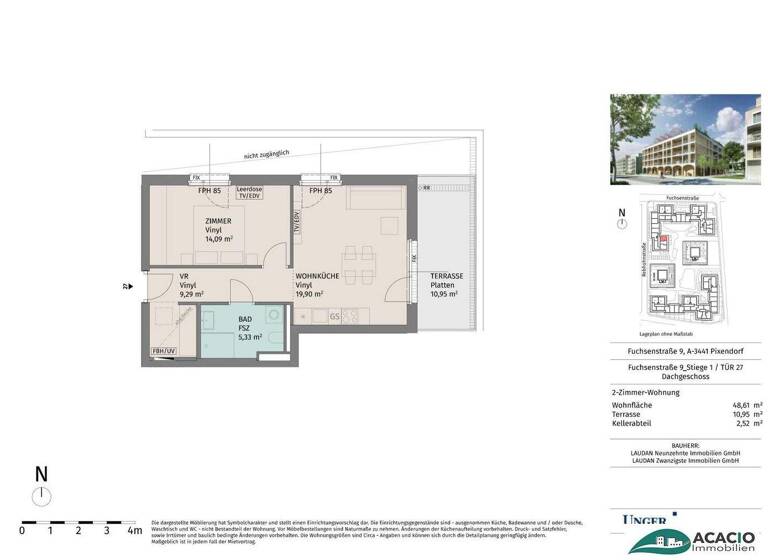 Terrassenwohnung zur Miete - Erstbezug 556 € 2 Zimmer 48,6 m² 4. Geschoss Pixendorf 3451