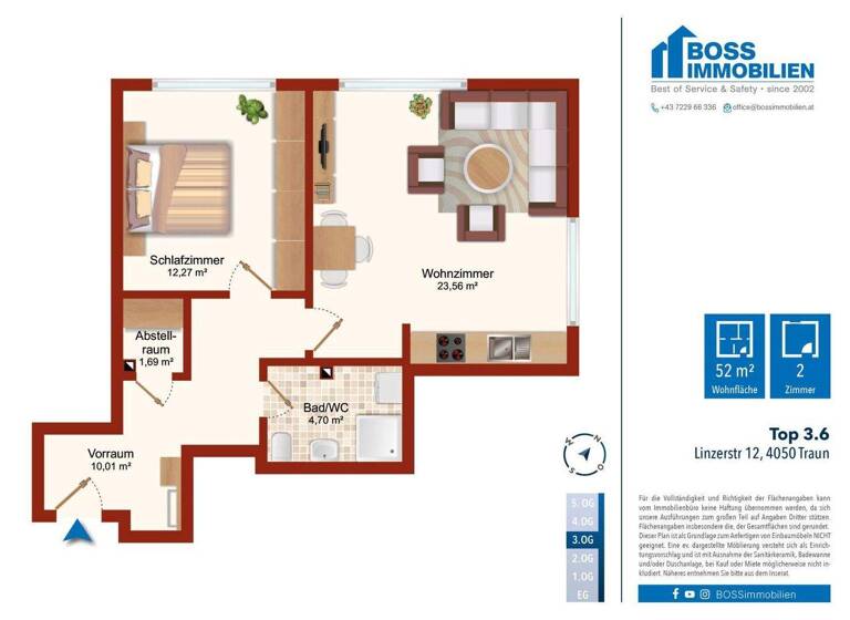 Wohnung zur Miete 500 € 2 Zimmer 52,3 m² 3. Geschoss Linzerstraße 12 Traun 4050