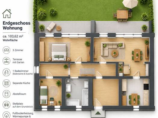 Wohnung zur Miete 725 € 3 Zimmer 103,6 m² EG Beuna Merseburg 06217