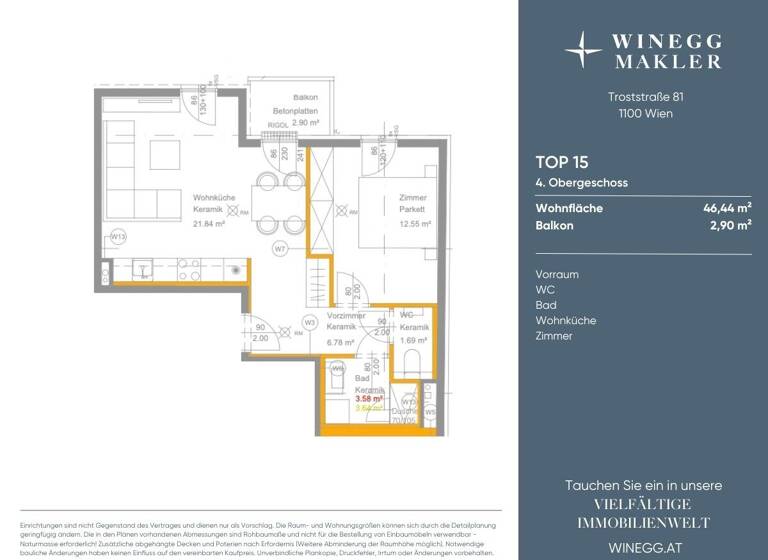 Wohnung zur Miete - Erstbezug 882 € 2 Zimmer 46,4 m² 4. Geschoss Troststraße 81 Wien 1100