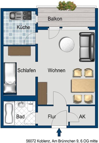 Wohnung zur Miete 452 € 1,5 Zimmer 41,5 m²<br/>Wohnfläche 6.<br/>Geschoss 12.01.2025<br/>Verfügbarkeit Am Brünnchen 9 Metternich 9 Koblenz 56072