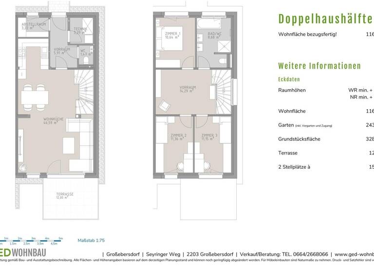 Doppelhaushälfte zum Kauf provisionsfrei 603.840 € 4 Zimmer 116,5 m² 329 m² Grundstück Großebersdorf 2203