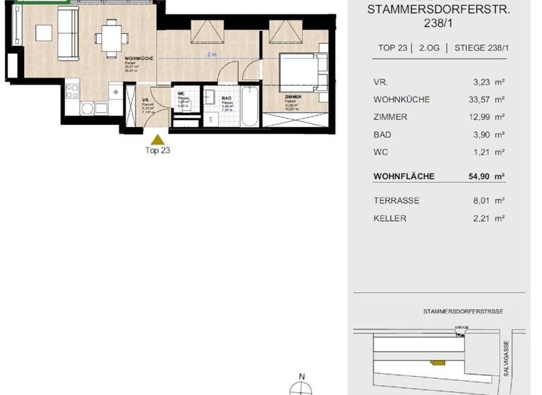 Wohnung zur Miete 748 € 2 Zimmer 54,9 m² 2. Geschoss Stammersdorfer Straße 238 Wien 1210