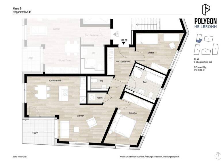 Wohnung zur Miete - Erstbezug 1.260 € 3 Zimmer 84,6 m² 2. Geschoss Happelstraße 41 Heilbronn 74074