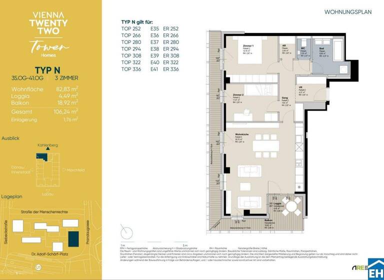 Wohnung zur Miete - Erstbezug 1.677 € 3 Zimmer 82,8 m² 35. Geschoss frei ab 01.04.2026 Wien 1220