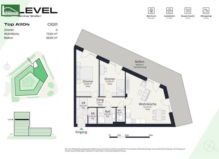Wohnung zur Miete - Erstbezug 979 € 3 Zimmer 73,6 m² 11. Geschoss frei ab 01.05.2026 Kärntner Straße 1 Gries Graz 8020