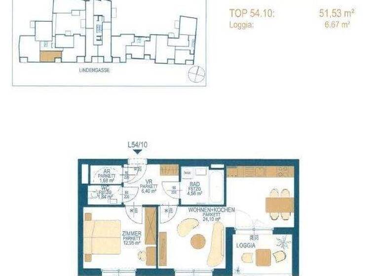Wohnung zur Miete 1.200 € 2 Zimmer 51,5 m² 2. Geschoss Lindengasse 54 Wien 1070