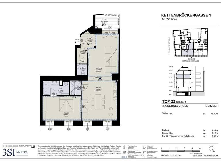 Wohnung zum Kauf - Erstbezug 859.900 € 2 Zimmer 78,9 m² 3. Geschoss Kettenbrückengasse 1 Wien 1050