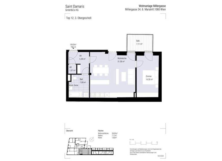 Wohnung zur Miete - Erstbezug 1.890 € 2 Zimmer 59,6 m² 3. Geschoss frei ab 01.07.2026 Millergasse Wien 1060