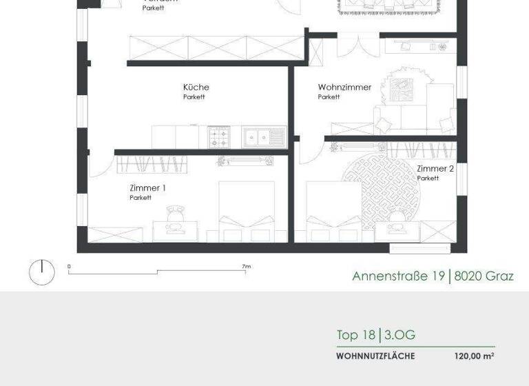 Wohnung zur Miete 1.105 € 3 Zimmer 120,8 m² 3. Geschoss Annenstraße 19 Gries Graz 8020