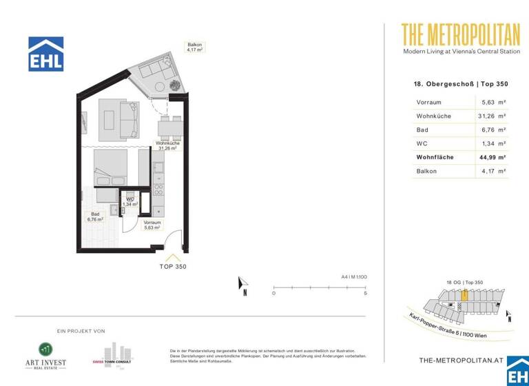 Studio zur Miete 824 € 1 Zimmer 45 m² 18. Geschoss Wien 1100