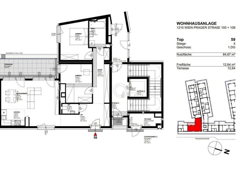 Wohnung zur Miete 981 € 3 Zimmer 84,7 m² 5. Geschoss frei ab 01.07.2026 Prager Straße 105 + 109 Wien 1210