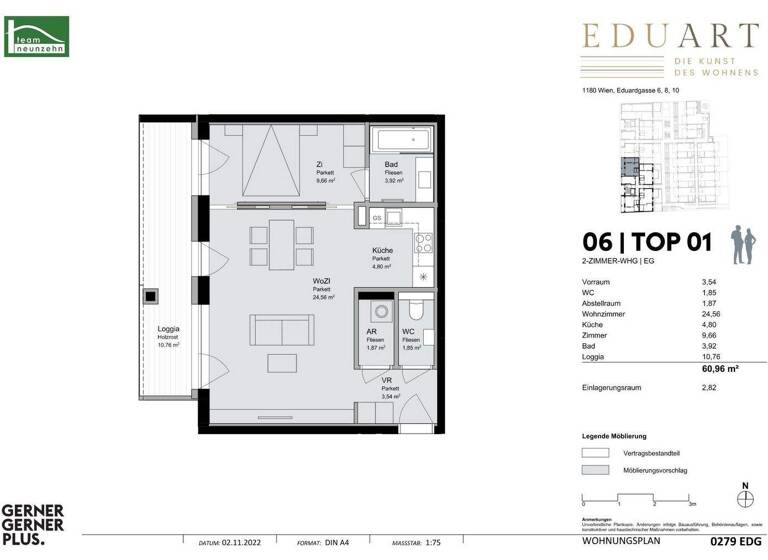 Wohnung zur Miete 1.098 € 2 Zimmer 50,2 m² EG Eduardgasse 6 Wien 1180