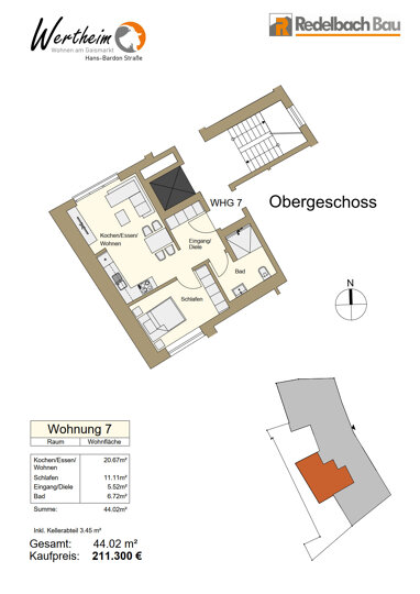 Wohnung zum Kauf provisionsfrei 211.300 € 2 Zimmer 44 m² 2. Geschoss Hans-Bardon-Strasse 4-6 Wertheim Wertheim 97877