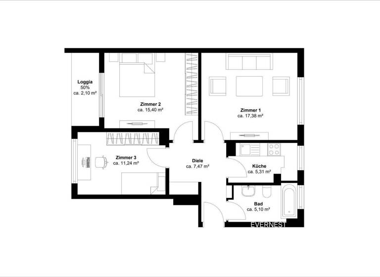 Wohnung zum Kauf 198.000 € 3 Zimmer 64 m² 2. Geschoss Küppersteg Leverkusen 51373