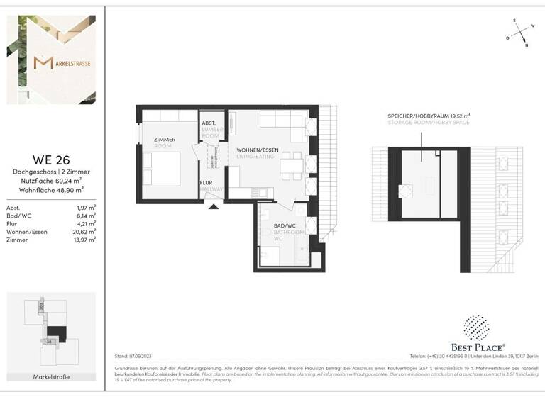 Wohnung zum Kauf 365.000 € 2 Zimmer 48,9 m²<br/>Wohnfläche Dachgeschoss, 4.<br/>Geschoss Markelstraße 38 Steglitz Berlin 12163