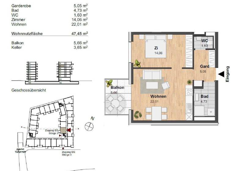 Wohnung zur Miete 550 € 2 Zimmer 47,5 m² 5. Geschoss frei ab 01.04.2026 Reininghausstraße 10 Eggenberg Graz 8020