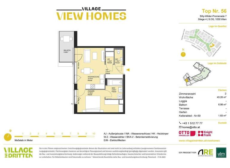 Wohnung zum Kauf - Erstbezug 426.000 € 2 Zimmer 43,3 m² 9. Geschoss Wien 1030