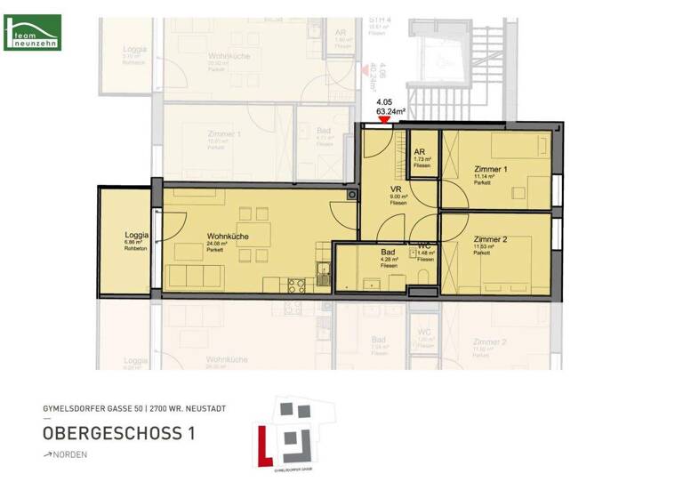 Wohnung zur Miete 652 € 3 Zimmer 63,2 m² 1. Geschoss frei ab 01.05.2026 Gymelsdorfergasse 50 Wiener Neustadt 2700