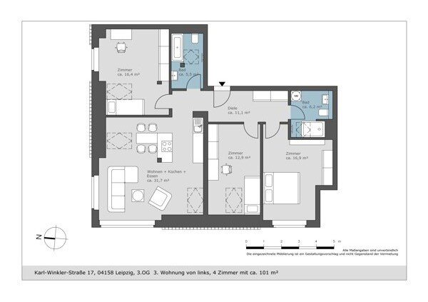 Wohnung zur Miete 1.258 € 4 Zimmer 100,6 m²<br/>Wohnfläche 3.<br/>Geschoss Karl-Winkler-Straße 17 Lindenthal Leipzig 04158