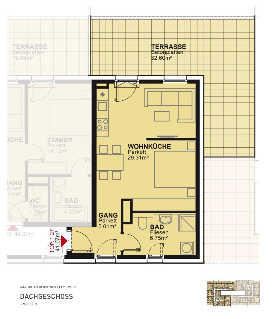 Wohnung zur Miete 643 € 1 Zimmer 41 m²<br/>Wohnfläche Wien 1210