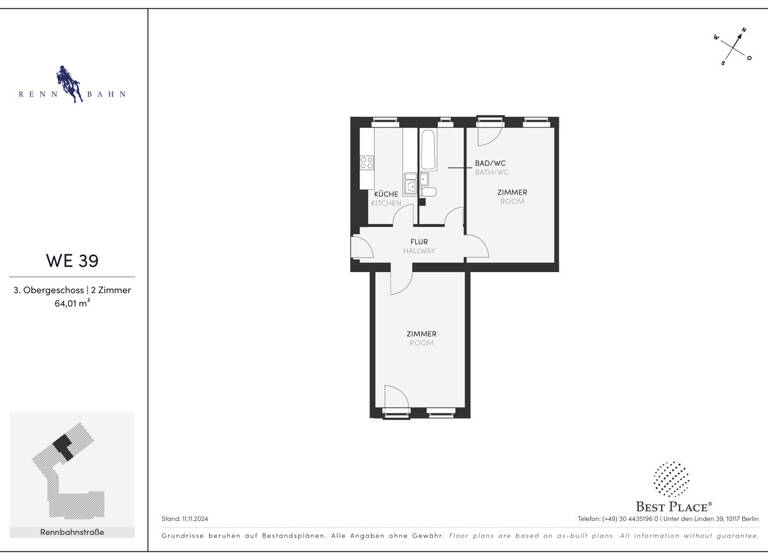 Wohnung zum Kauf 299.000 € 2 Zimmer 64 m²<br/>Wohnfläche 3.<br/>Geschoss Rennbahnstrasse 25 Weißensee Berlin 13086