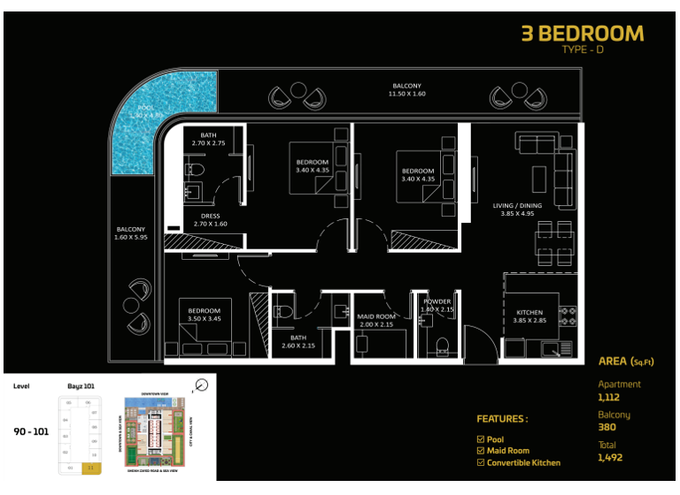 Wohnung zum Kauf - Erstbezug provisionsfrei 1.151.228 € 4 Zimmer 138,6 m² Al Mustaqbal Street Dubai