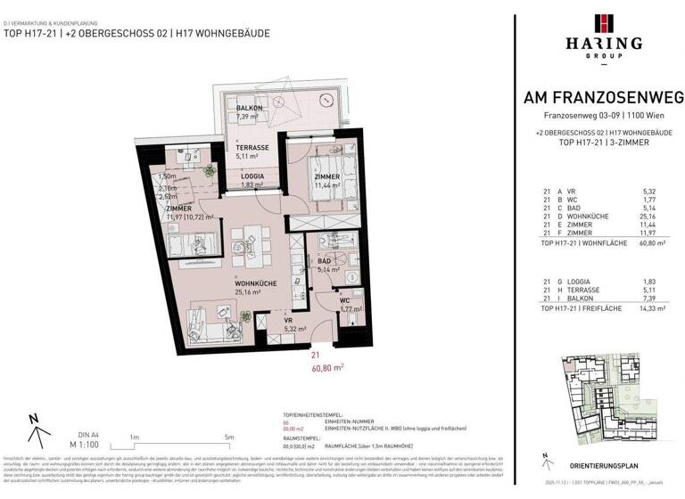 Wohnung zum Kauf - Erstbezug 433.500 € 3 Zimmer 60,8 m² 2. Geschoss Franzosenweg 3-5 Wien 1100