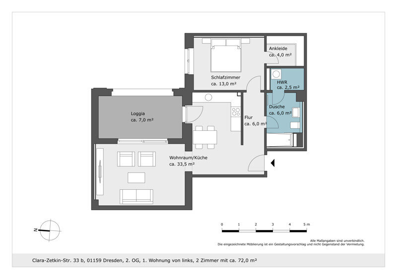 Wohnung zur Miete 976 € 2 Zimmer 71,9 m²<br/>Wohnfläche 2.<br/>Geschoss Clara-Zetkin-Str. 33b Löbtau-Süd (Zauckeroder Str.) Dresden 01159