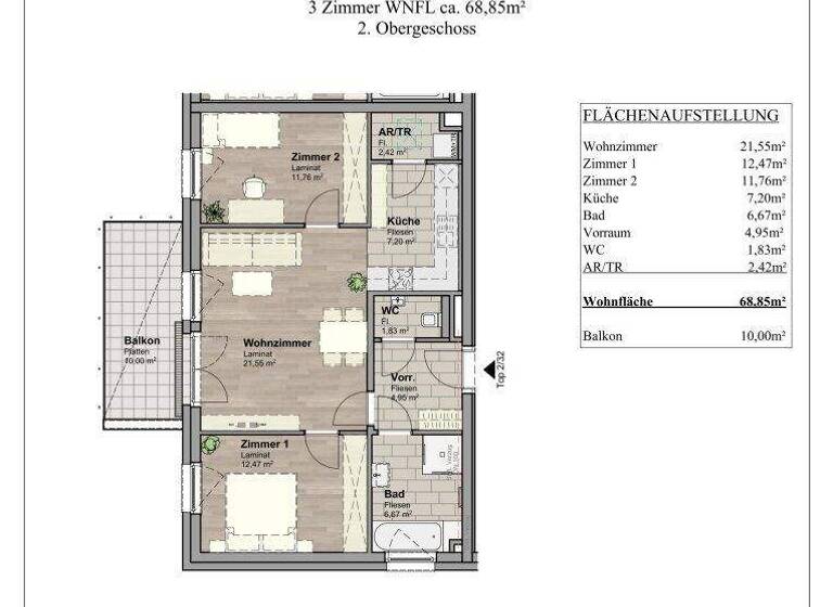 Wohnung zur Miete 995 € 3 Zimmer 68,9 m² 2. Geschoss Unterwaltersdorf 2442