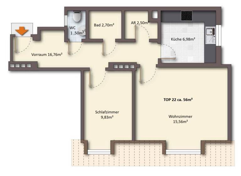 Wohnung zum Kauf 265.000 € 2 Zimmer 56 m² 3. Geschoss Wien 1130