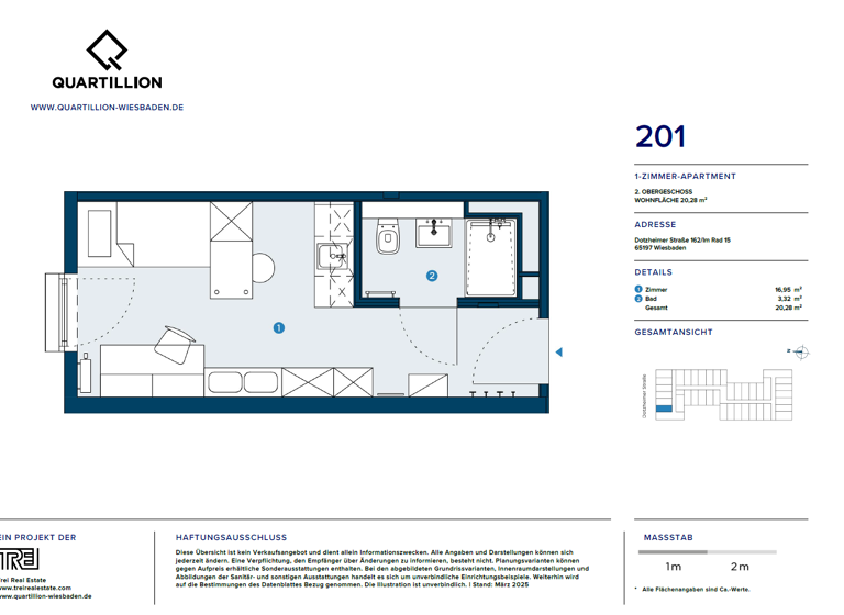 Studio zur Miete - Erstbezug 510 € 1 Zimmer 20,3 m² 2. Geschoss frei ab sofort Im Rad 15 Wiesbaden 65197