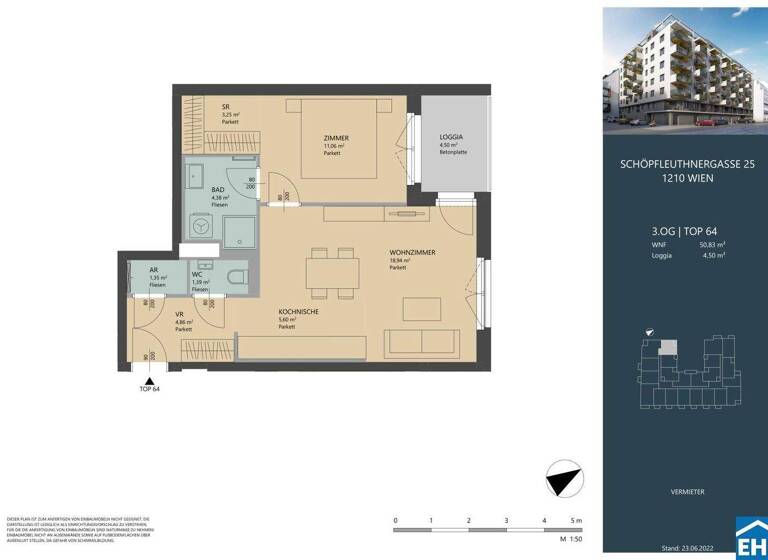 Wohnung zur Miete 883 € 2 Zimmer 50,8 m² 3. Geschoss frei ab 01.04.2026 Schöpfleuthnergasse Wien 1210