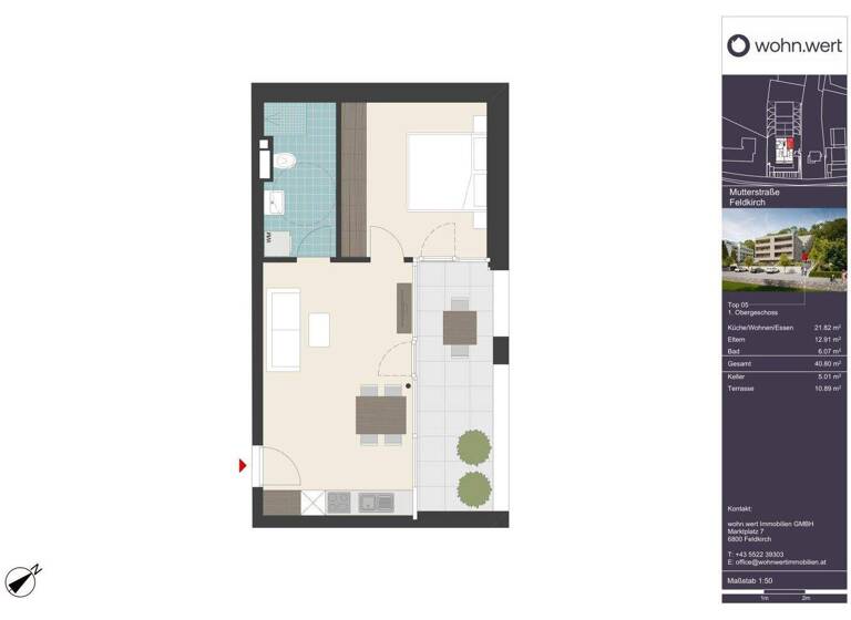 Terrassenwohnung zum Kauf - Erstbezug 299.000 € 2 Zimmer 40,8 m² 1. Geschoss frei ab 01.07.2026 Mutterstraße 11 Feldkirch 6800