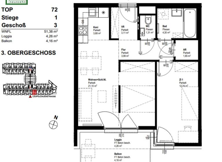 WG-Zimmer zur Miete 730 € 2,5 Zimmer 51,6 m² 3. Geschoss frei ab 01.08.2026 Leopoldauer Straße 131 Wien 1210
