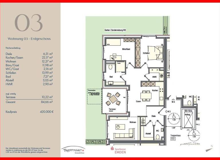 Wohnung zum Kauf provisionsfrei 420.000 € 3 Zimmer 84,7 m² Larrelt Emden 26723