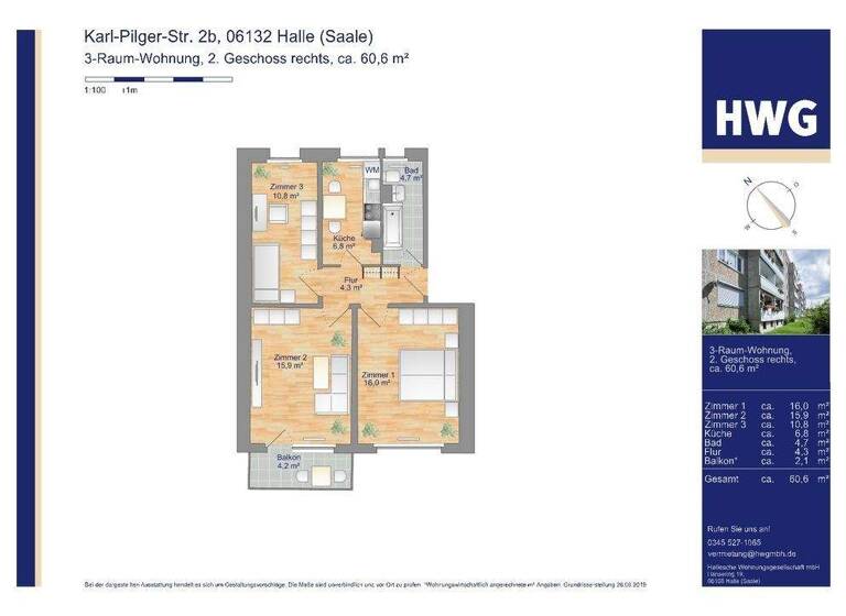 Wohnung zur Miete 325 € 3 Zimmer 57 m² 4. Geschoss Karl-Pilger-Straße 2b Ammendorf-Beesen Halle 06132